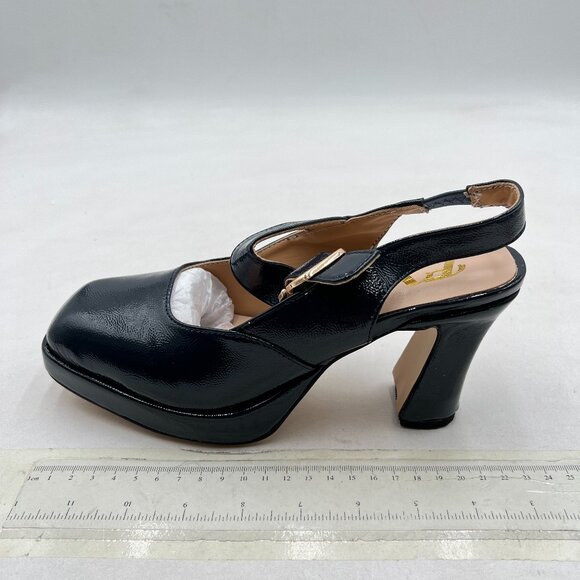 FYS Black Platform Square Toe Pumps Block High Heel Mary Janes Slingback Shoes - Picture 2 of 8